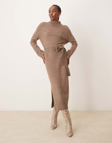 Forever New tie waist knitted midi dress in hazelnut - view 1