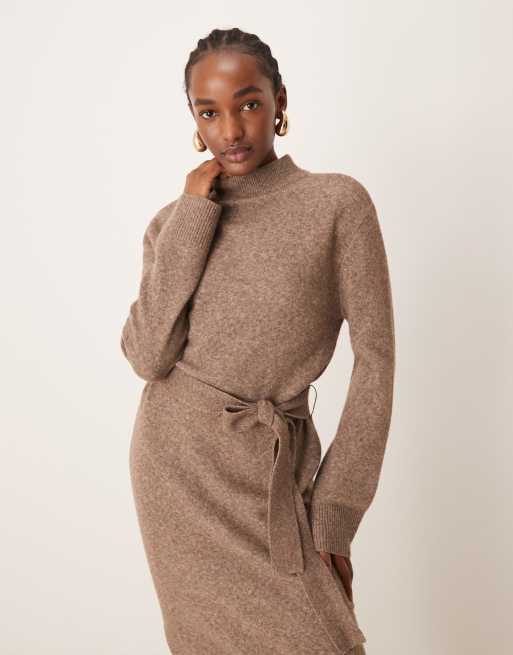 Forever New tie waist knitted midi dress in hazelnut | ASOS