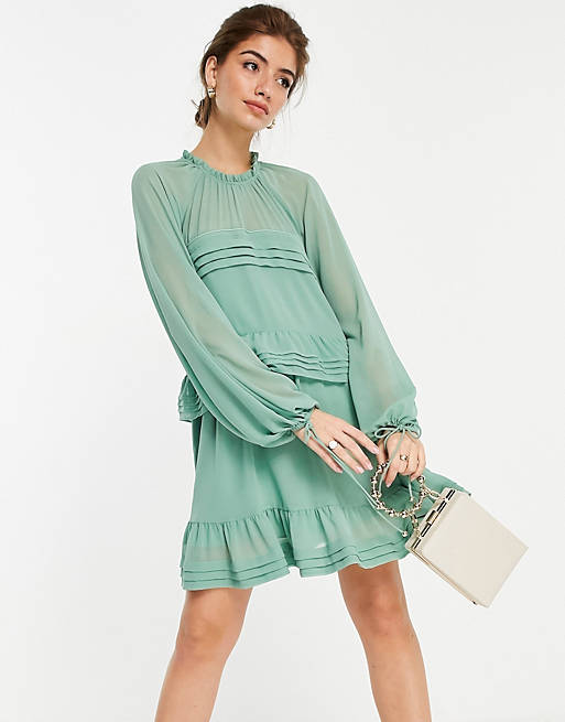 Women Forever New tiered lantern sleeve mini dress in sage green 
