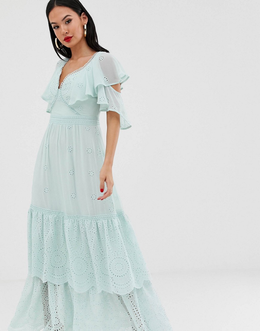 Forever New tiered maxi dress with lace up back in mint-Green