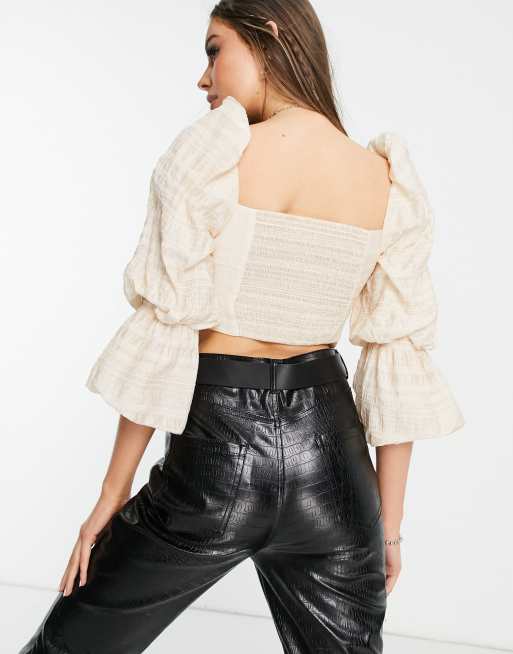 Forever New tiered puff sleeve square neck top in cream, 2 of 4
