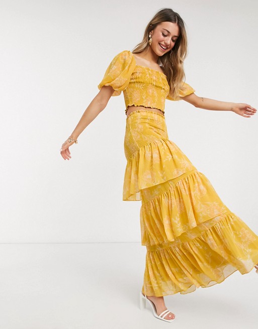 Forever New tiered ruffle maxi skirt co ord in mustard floral