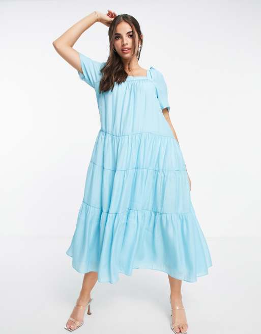 Forever New tiered volume sleeve smock midi dress in bright blue | ASOS