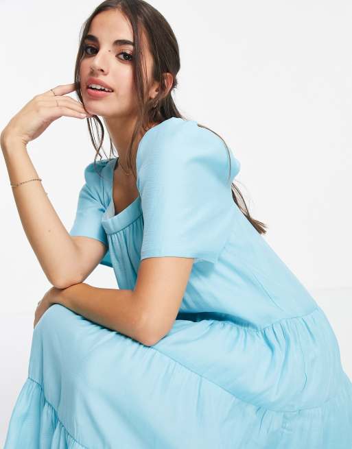 Forever New tiered volume sleeve smock midi dress in bright blue, 2 of 4