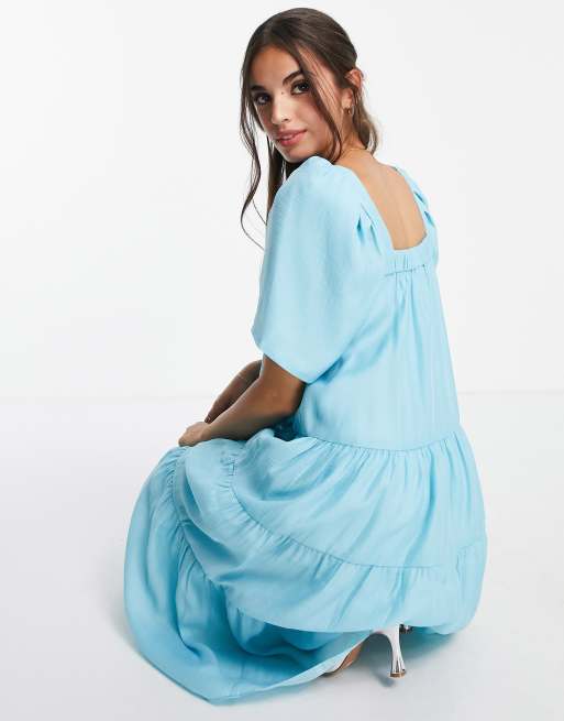 Forever New tiered volume sleeve smock midi dress in bright blue, 4 of 4
