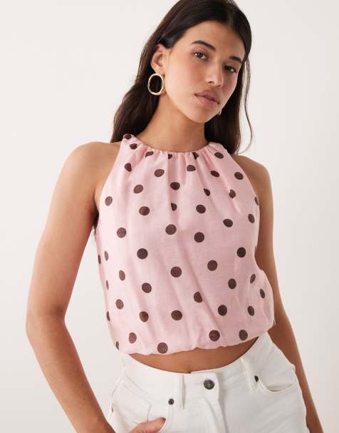 Forever New - Top allacciato al collo con fondo a palloncino rosa a pois in coordinato - view 1