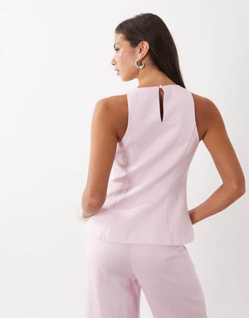 Forever New - Top de sastre rosa claro sin mangas con cuello redondo de mezcla de lino (parte de un conjunto), 3 de 4