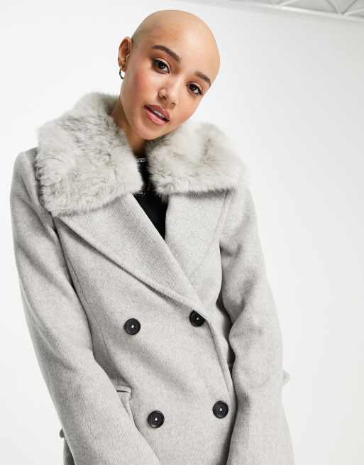 Grey faux fur hot sale collar coat