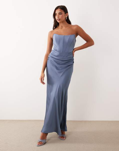 Forever New – Trägerloses, drapiertes Maxikleid in Blau mit Korsettdetail - view 1