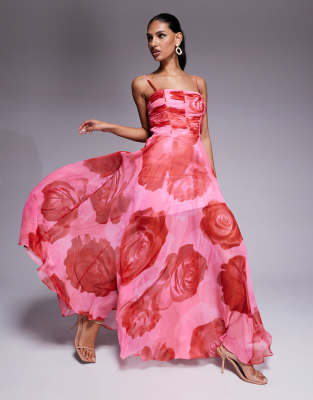 Forever New - Transparentes, gerafftes Maxikleid in Rot mit Blumenmuster und Body-Oberteil