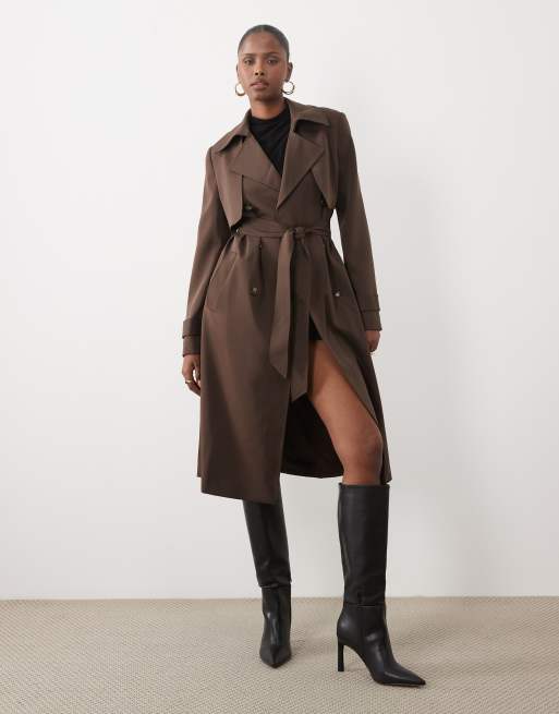 Forever New trench lungo con cintura e abbottonatura frontale color cioccolato, 1 di 4