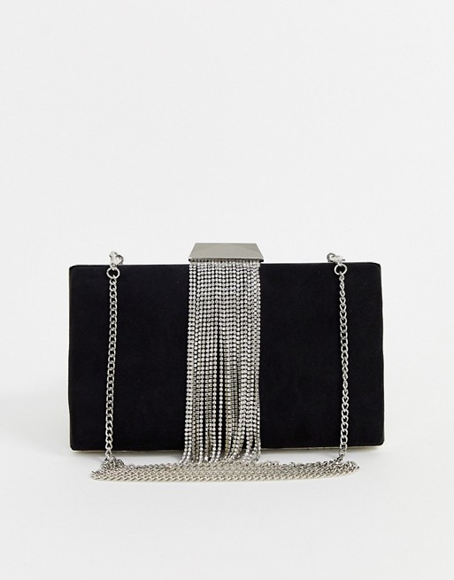 Forever New velvet clutch bag with diamante fringe detail in black