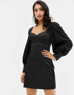 Forever New velvet mini dress with balloon sleeve in black