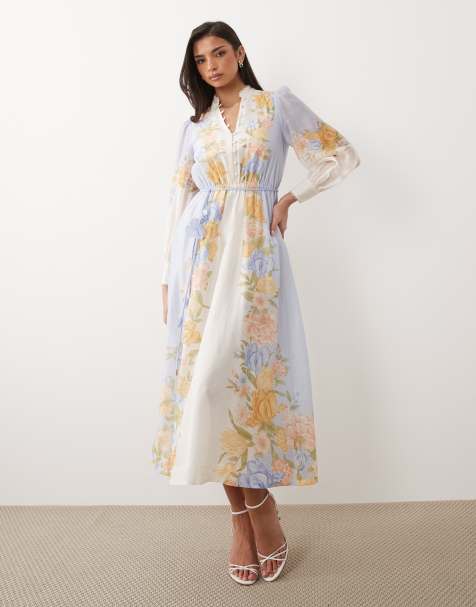 Forever New - Vestido camisero semilargo azul y crema con estampado floral, mangas globo y detalle de cinturón de tejido efecto lino - view 1