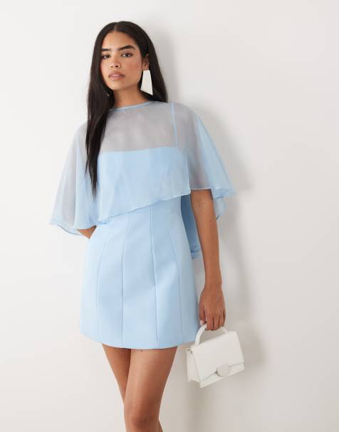 Forever New - Vestido corto azul de tirantes con detalle de capa de malla - view 1