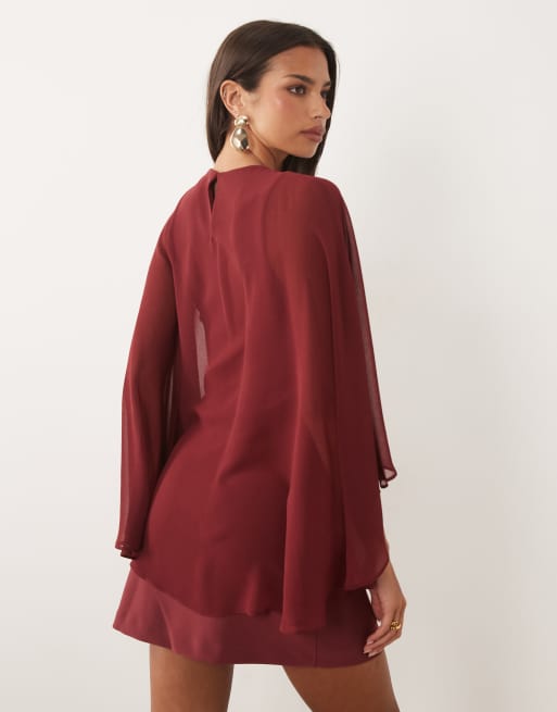 Forever New - Vestido corto burdeos con detalle de capa de chifón, 4 de 4