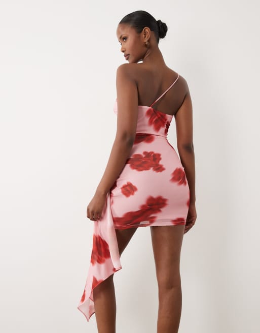 Forever New - Vestido corto rosa y rojo asimétrico con estampado floral de malla, 4 de 4