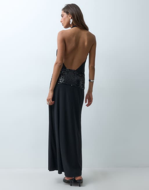 Forever New vestido largo de lentejuelas con cuello halter en negro, 3 de 5