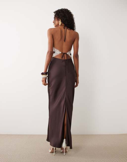 Forever New - Vestido largo marrón chocolate con cuello halter y ribete de encaje, 3 de 4