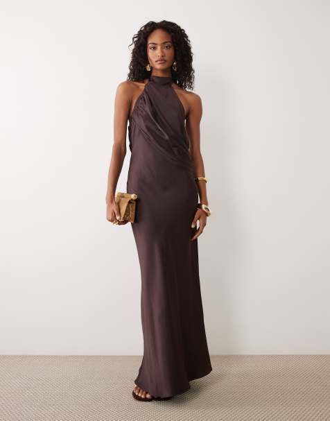 Forever New - Vestido largo marrón chocolate drapeado con cuello alto - view 1