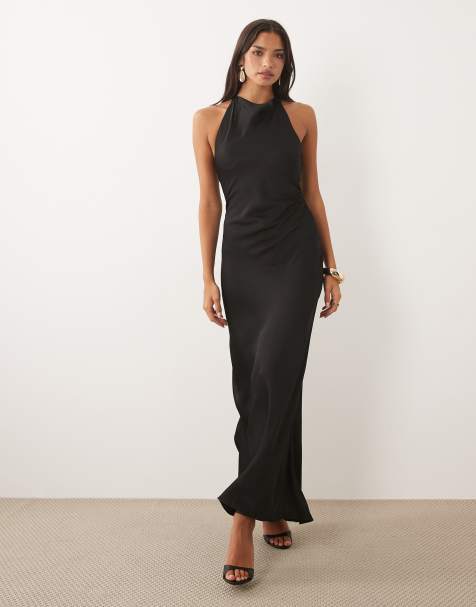 Forever New - vestido maxi al bies de satén negro con cuello halter y espalda descubierta - view 1
