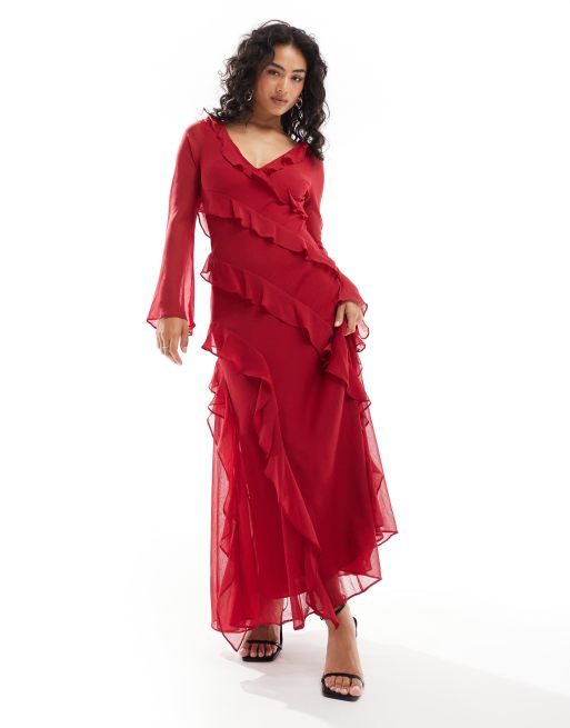 Forever New - Vestito a maniche lunghe rosso con gonna al polpaccio