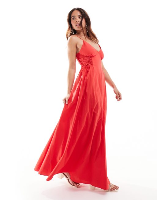 Forever New - Vestito al polpaccio rosso in popeline di cotone con allacciatura laterale