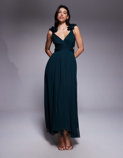 Forever New - Vestito color verde muschio con gonna al polpaccio e volant sulle spalle