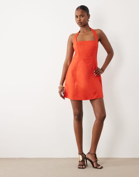 Forever New - Vestito corto allacciato al collo in lino arancione - view 1