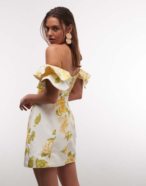 Forever New - Vestito corto giallo a fiori con spalle scoperte e volant, 2 di 7