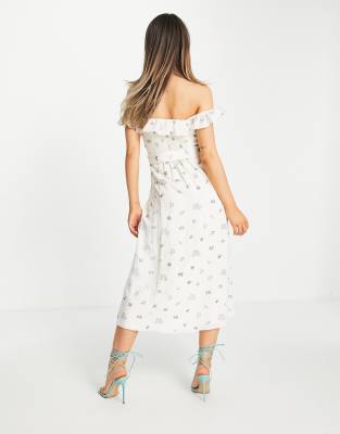 Vestito da giorno con scollo Bardot avorio a fiori con cintura e spacco-Bianco - Forever New  donna Bianco - immagine2