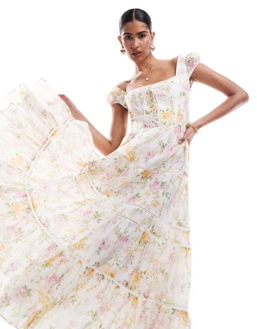 Forever New - Vestito lungo a balze color crema a fiori con maniche a sbuffo