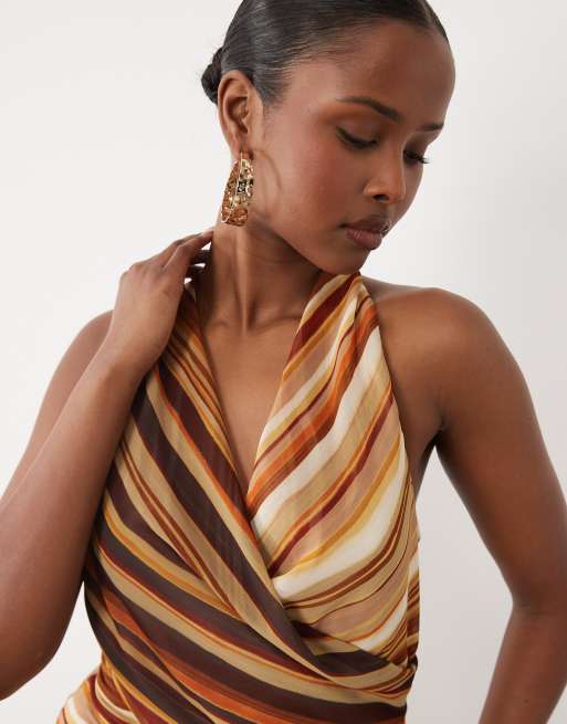 Forever New - Vestito lungo allacciato al collo in chiffon marrone a righe , 3 di 4