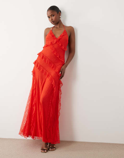 Forever New - Vestito lungo allacciato al collo in pizzo rosso con volant - view 1