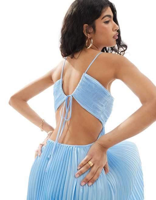 Forever New - Vestito lungo blu chiaro plissé con cut-out sulla schiena e laccetto, 4 di 4