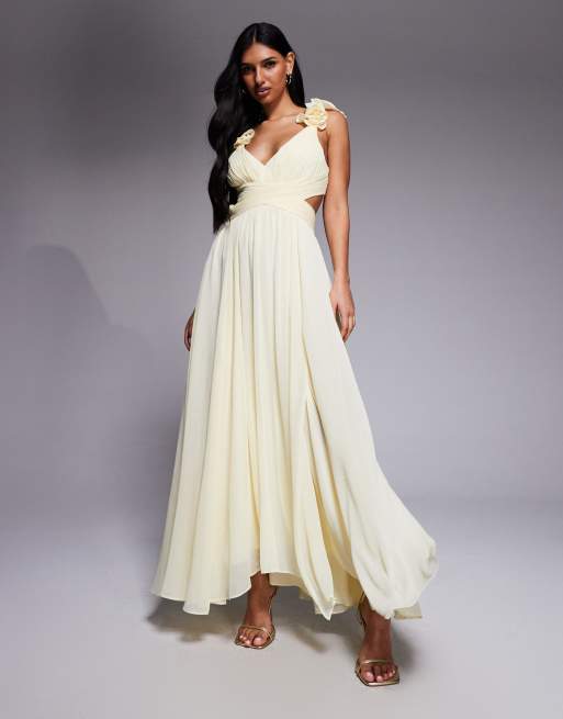 Forever New - Vestito lungo in chiffon color limone con volant sulle spalle