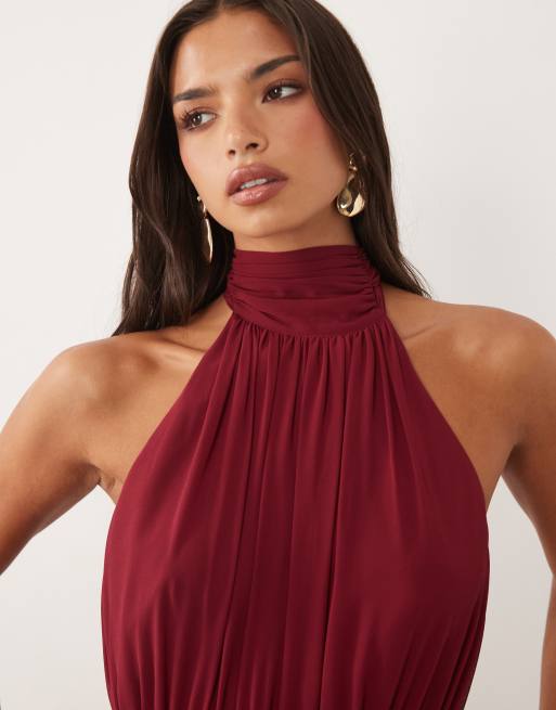 Forever New vestito lungo in chiffon con collo all'americana color burgundy, 3 di 4