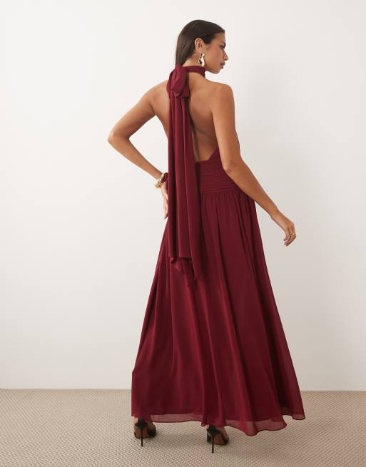 Forever New vestito lungo in chiffon con collo all'americana color burgundy, 4 di 4