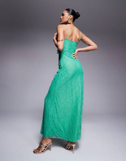 Forever New - Vestito lungo in pizzo color verde acceso con volant, 4 di 4