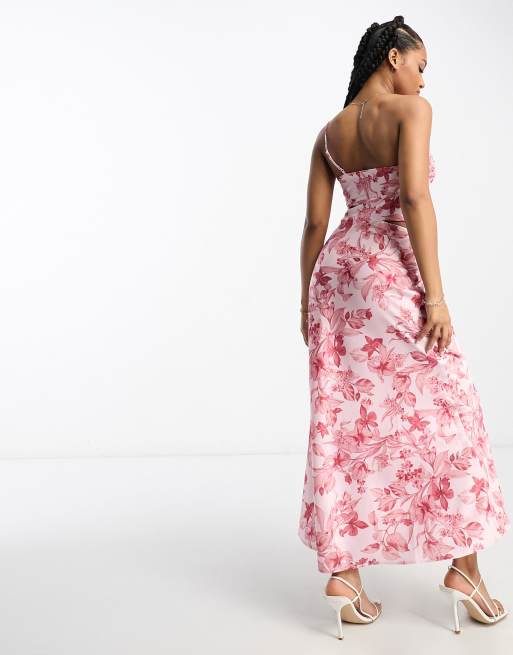 Forever New - Vestito lungo in raso a fiori rossi con cut-out, 4 di 4