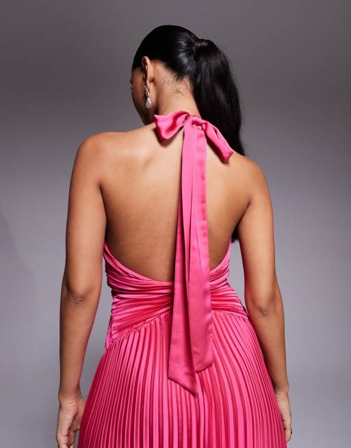 Forever New - Vestito lungo in raso rosa fucsia con scollo profondo allacciato al collo, 4 di 4