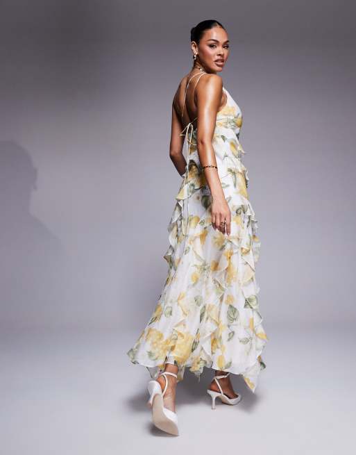 Forever New . Vestito lungo monospalla a fiori gialli con volant, 2 di 4