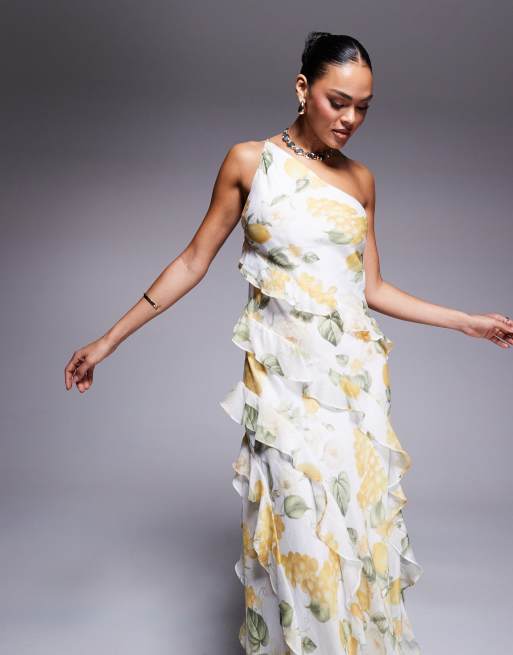 Forever New . Vestito lungo monospalla a fiori gialli con volant, 4 di 4