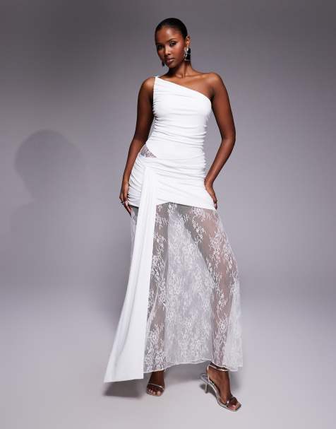 Forever New - Vestito lungo monospalla da sposa arricciato in misto pizzo bianco con cut-out - view 1
