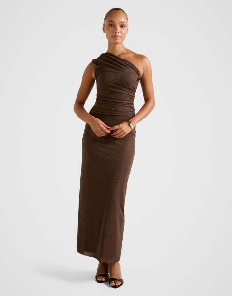 Forever New - Vestito lungo monospalla marrone con dettagli fissati a caldo - view 1