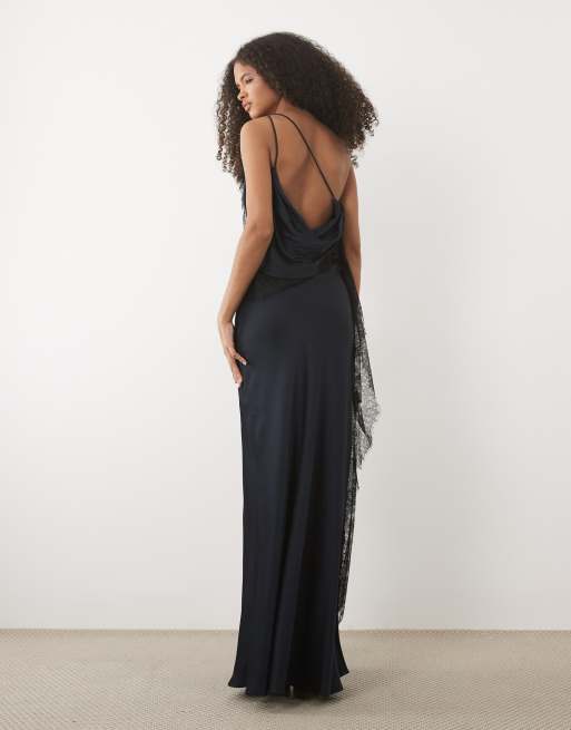 Forever New - Vestito lungo monospalla taglio sbieco in raso blu navy con dettaglio in pizzo, 1 di 4