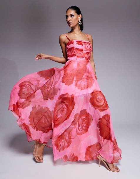 Forever New - Vestito lungo rosso trasparente a fiori con corpino arricciato - view 1