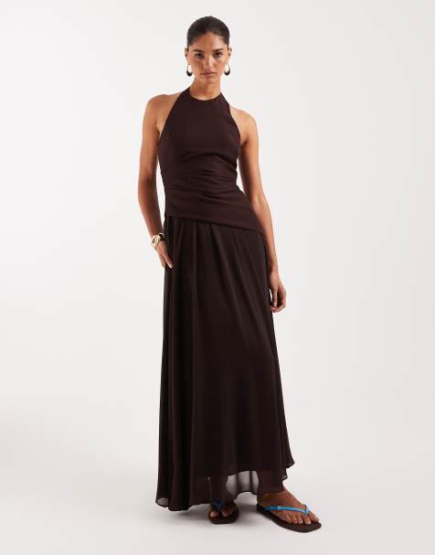 Forever New - Vestito lungo senza maniche in misto lino e chiffon color cioccolato - view 1