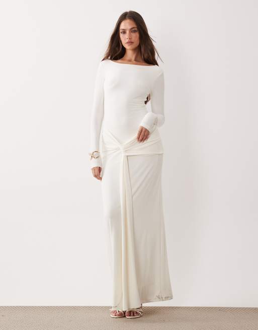 Forever New - Vestito lungo sinuoso color crema a maniche lunghe con drappeggio, 1 di 4