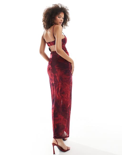 Forever New - Vestito lungo stile corsetto rosso intenso a fiori trasparente, 4 di 4